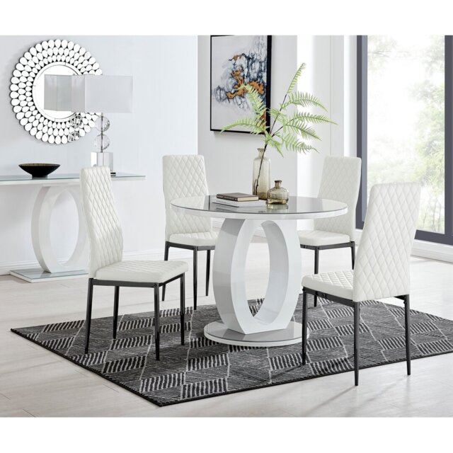 Scottsmoor Halo Round Dining Table Set in Modern High Gloss with 4 Luxury Faux Leather Dining Chairs