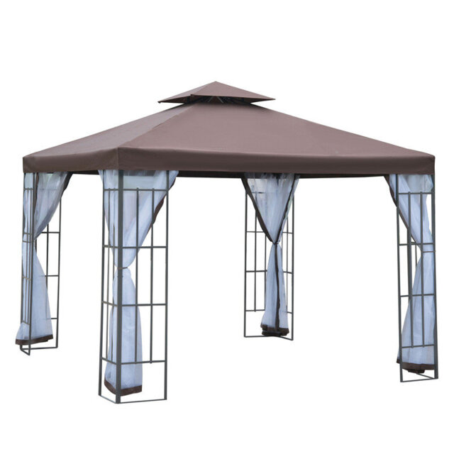 300cm x 300cm Coffee Brown Double-Tier Patio Gazebo with PA-Coated Polyester Canopy, Mosquito Netting, and Sturdy Steel Frame for Outdoor Garden and B