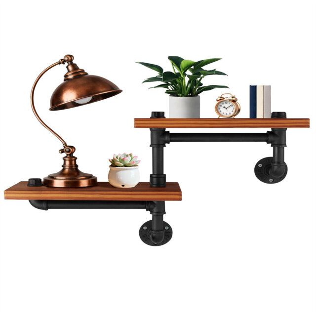 2-Tier Industrial Pipe Wall Mount Shelves,Rustic Wooden Shelves With Black Brackets For Book,Vintage Dark Wooden Wall For Kitchen Bedroom Living Room