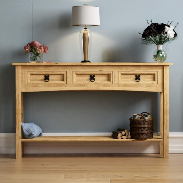 Console Table, 3 Drawers With Shelf, Solid Pine Wood Beige