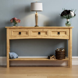 Console Table, 3 Drawers With Shelf, Solid Pine Wood Beige