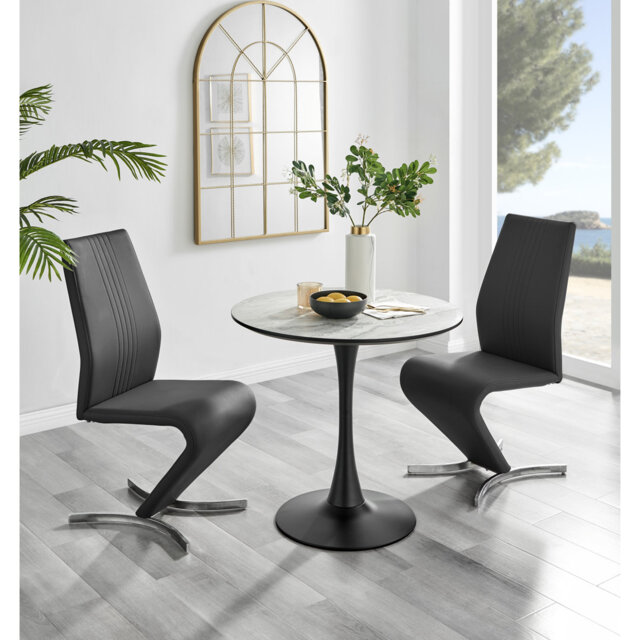 Ellis White Marble Effect Melamine Round Dining Table Set with 2 Modern Design Faux Leather Chairs