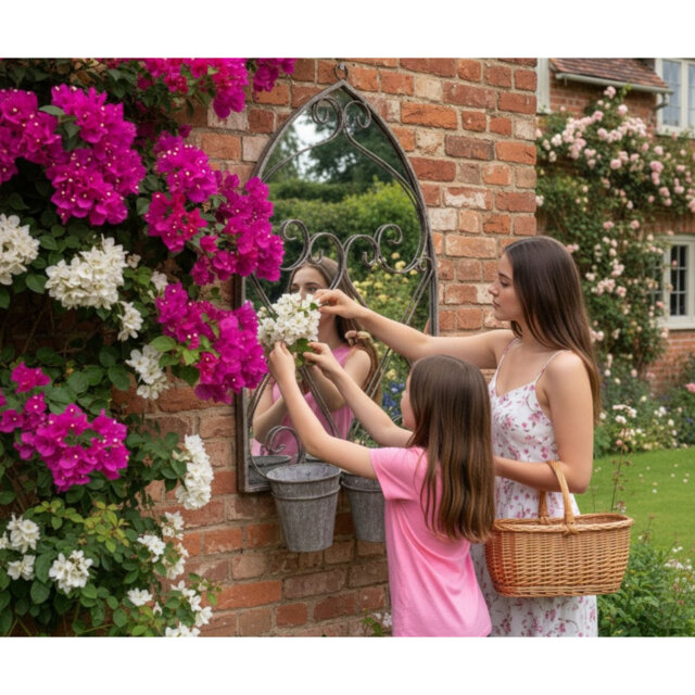 Elegant Cem Arch Metal Mirror – Hand-Finished Antique Wall Décor with 3 Planters & Pots for Home or Garden Spaces