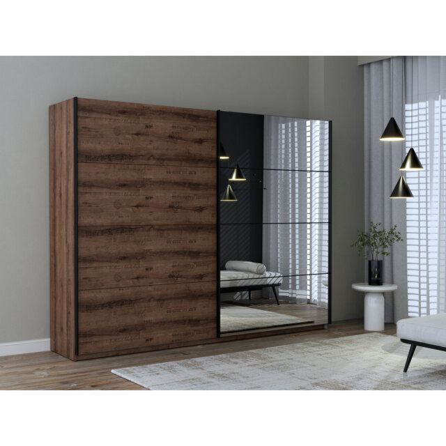 2 Door Sliding Wardrobe with mirror and shelves, Mud Oak/Black Oak, 270 cm W x 210 cm H x 61 cm D