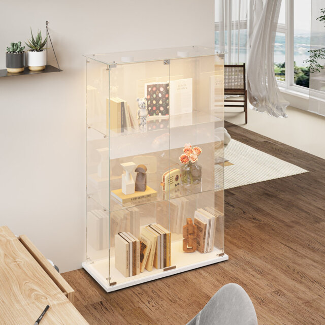 "48.5"" Glass Display Cabinet With 2 Shelves, Floor Standing Curio Display Cabinets With LED And 2 Doors, Modern Display Case For Living Room Bedroom"