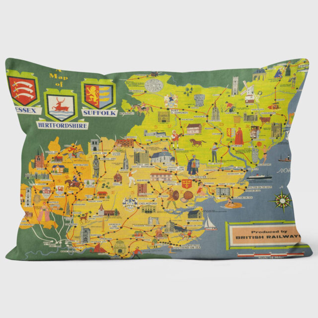 A Map of Essex Suffolk and Hertfordshire BR (ER) 1950s - National Railway Museum Cushion