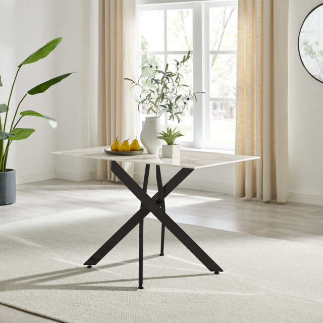 Lenworth Luxury Marble Effect Glass 4 Seater Dining Table - Modern Statement Design
