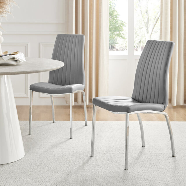 Basma Faux Leather Modern Tall Back Dining Chairs with Chrome Metal Legs & Vertical Stitching