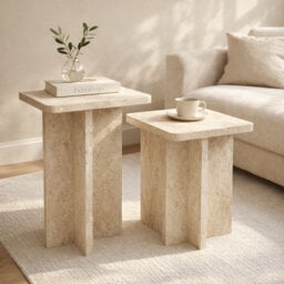 Travertine Effect Nesting Side Tables, Set of 2 Square Faux Stone Coffee Tables