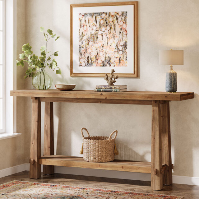 "63"" Farmhouse Solid Wood Console Table, Natural Brown Entryway Table with Open Shelf, Sofa Table & Behind Couch Table for Living Room & Hallway"