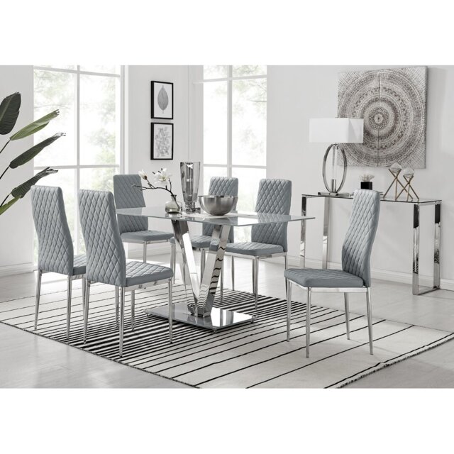 Ransart Modern Luxury Glass & Metal Dining Table Set With 6 Quilted Faux Leather Dining Chairs