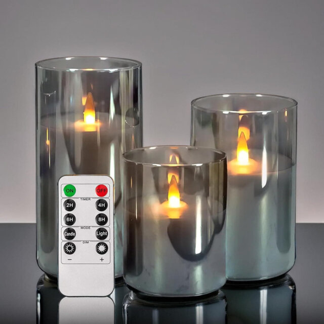 "3 Pack Grey Glass Flameless LED Pillar Candles: Battery-Operated with Remote, Real Wax, Flickering Radiance, 3x4""/5""/6"""