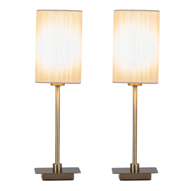 Pair (2x) Square Stick Antique Brass Metal Bedside Table Lamp