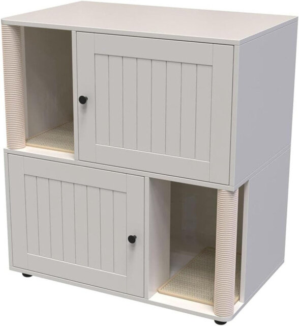2 Tier Enclosed Litter Box Enclosure with Scratching Post and Dual Mats, Double Litter Box Enclosure Furniture for 2 Cats, Wood Cat Kitty House Cabine