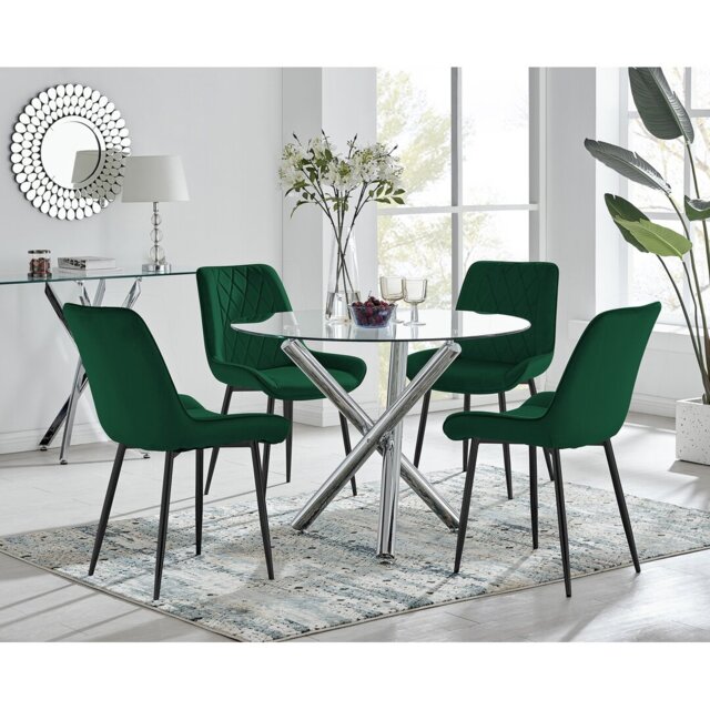Seline Modern Round Dining Table Set in Glass and Chrome with 4 Luxury Velvet Leather Chairs