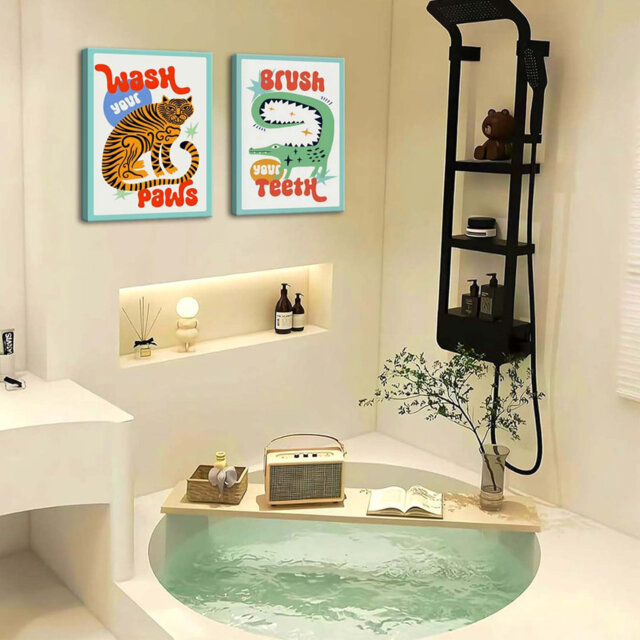 Funny Kids Bathroom Wall Art, Cute Animal Bathroom Wall Decor Paintings, Eclectic Tiger Wash Your Paws Sign Poster Canvas Prints For Toilet Restroom F