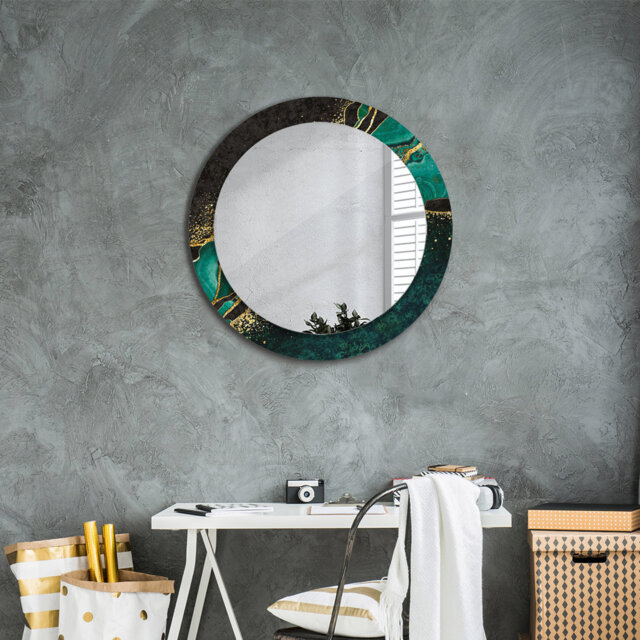 Huldar Round Glass Framed Wall Mounted Accent Mirror in Gold/Green/Black