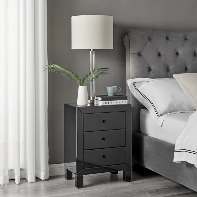 Mackynsie Mirrored Bedside Cabinet With 3 Drawers - Modern Luxury Bedside Table Nightstand