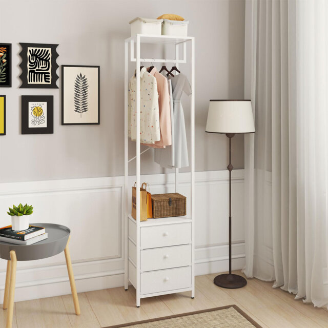 Coat Rack With Non-Woven Drawer, Garment Rack, Freestanding Tall Closet Organizer, Clothes Rack With Rod, Industrial Storage Rack For Hallway Bedroom