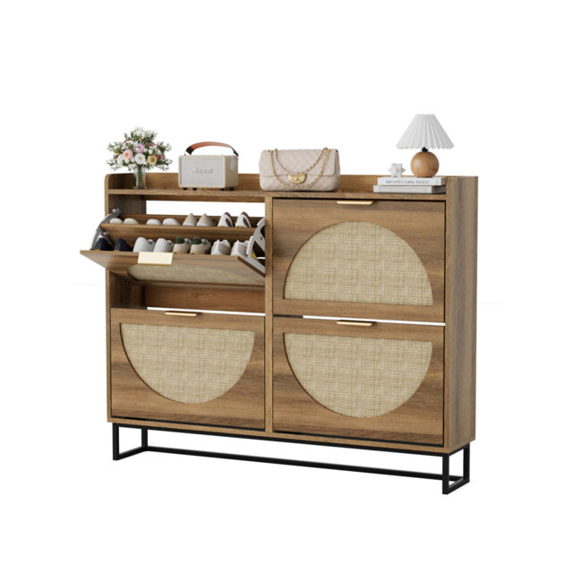 Rattan Shoe Cabinet with 2 Doors, Freestanding Shoe Rack Narrow with Metal Legs, Shoe Rack Shoe Storage Wooden Shoe Chest for Entrance, Closet, Hallw