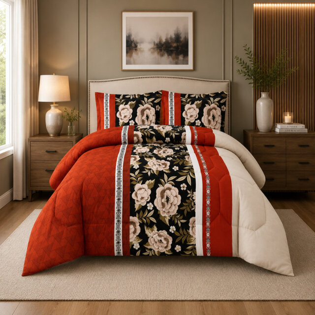 Red Trendy Printed Bedspread Floral Design Quilted with Pillow Shams