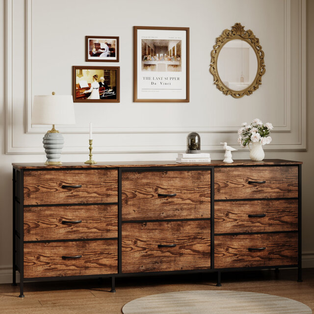 "8 Drawer Fabric Dresser with Wooden Top, TV Stand & Storage Organizer, Metal Frame Chest for Bedroom Living Room Closet, 63""w x 27""d x 14""h"