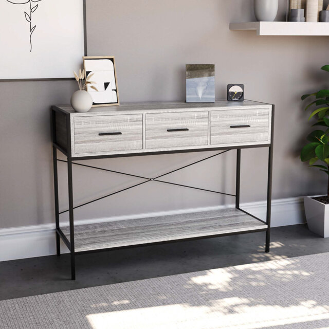 Sylvie 3 Drawer Console Table for Hallway, Industrial Style Living Room Furniture With Metal Legs