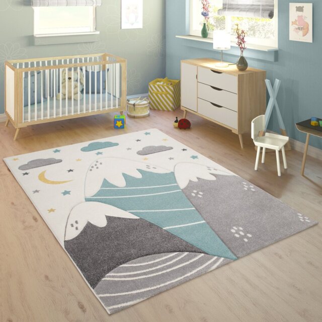 Kobbe Kids Nursery Mountain Moon Stars Hardwearing Power Loom Cream/Blue/Black Rug