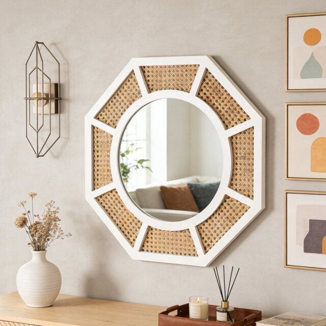 60x60CM Wall Mirror Octagonal Rattan Woven Wooden Frame Accent Mirror