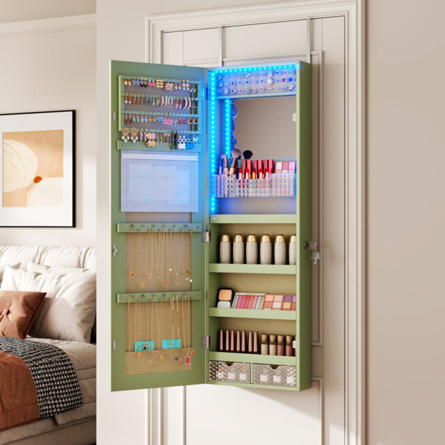 Jewelry Cabinets with Mirror and LED Lights, Door Hanging/Wall Mounted Jewelry Armoire
