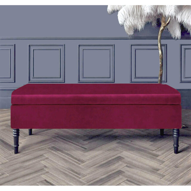 Safar Plain Upholstered Plush Velvet Ottoman Storage Bench with Black Turned Wooden Legs