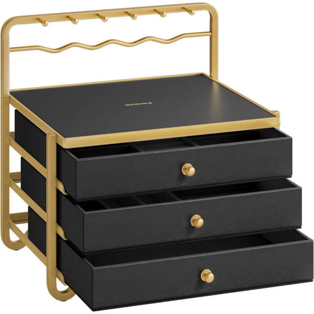 3-Tier Jewellery Box, Drawer Jewellery Organiser, With Open Storage, Hanging Rack, For Vanity Table, Metal Frame, 20.5 X 22.7 X 23.5 Cm, Gift Idea, In