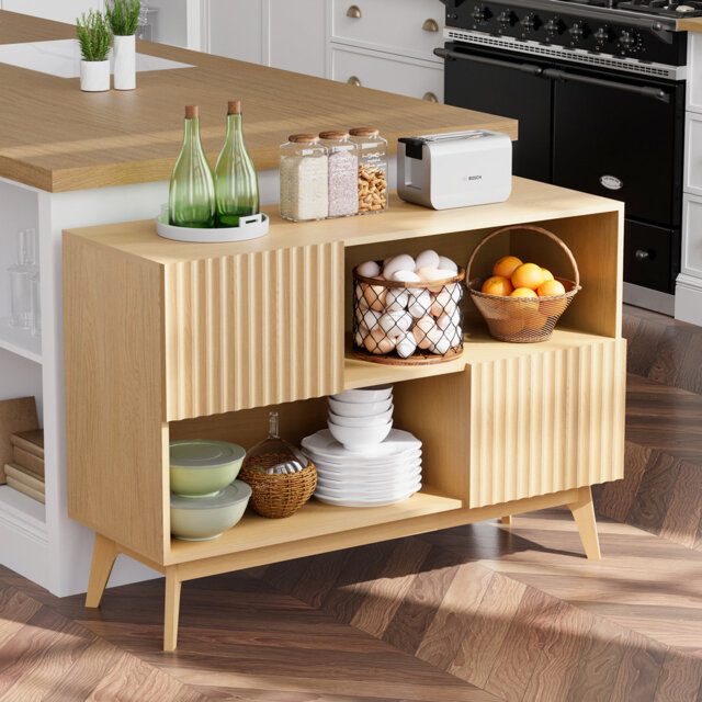 100cm Sideboard Storage Cabinet, 2 Door Wooden Buffet with Ribbed Texture