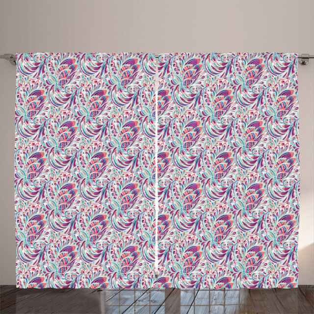 Rustic curtain, vintage leaf motif, abstract boho, almond green magenta