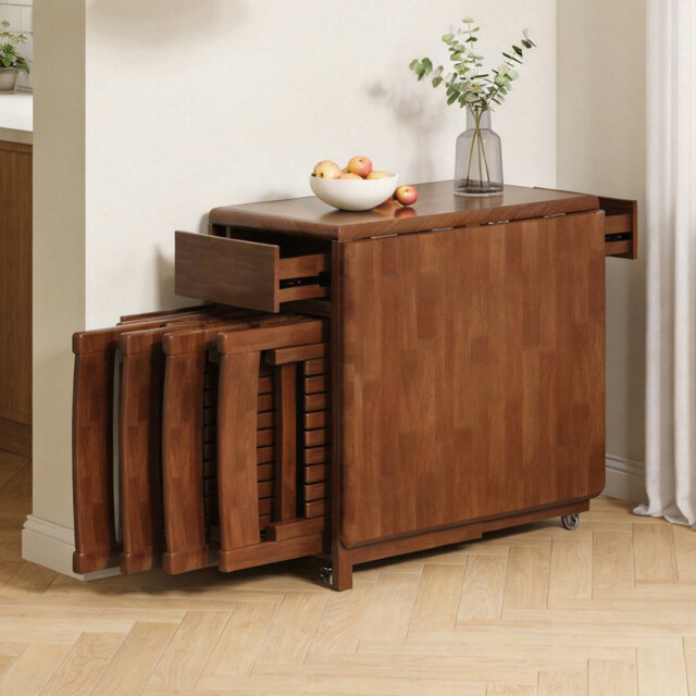 Fully Assembled Solid Wood Folding Dining Table With 4 Chairs, Walnut Finish, 2 Drawers And Casters
