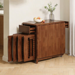 Fully Assembled Solid Wood Folding Dining Table With 4 Chairs, Walnut Finish, 2 Drawers And Casters