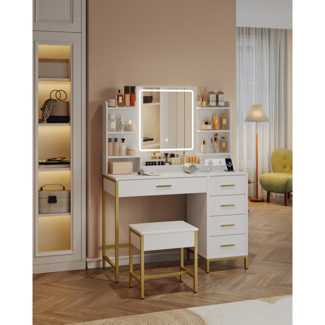 Dressing Table, Vanity Makeup Table with Soft Stool, HD Mirror and Adjustable LED Lights, Socket and USB, 5 Drawers, Open Storage Compartment, Modern