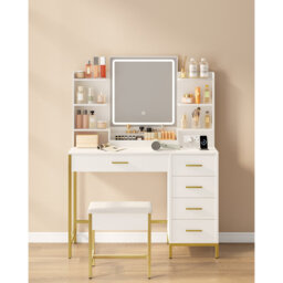 Dressing Table, Vanity Makeup Table with Soft Stool, HD Mirror and Adjustable LED Lights, Socket and USB, 5 Drawers, Open Storage Compartment, Modern