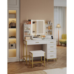 Dressing Table, Vanity Makeup Table with Soft Stool, HD Mirror and Adjustable LED Lights, Socket and USB, 5 Drawers, Open Storage Compartment, Modern