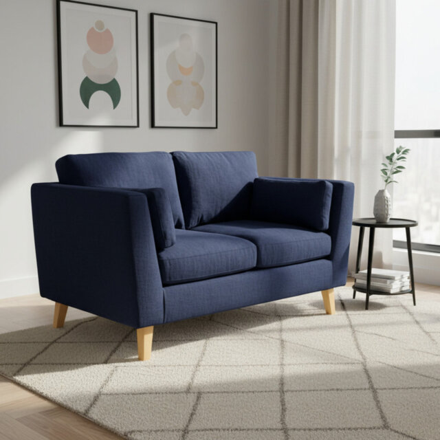 Aida 2 Seater Sofa Navy Blue Woven Fabric 152cm Scandi Style with 17cm Wooden Legs