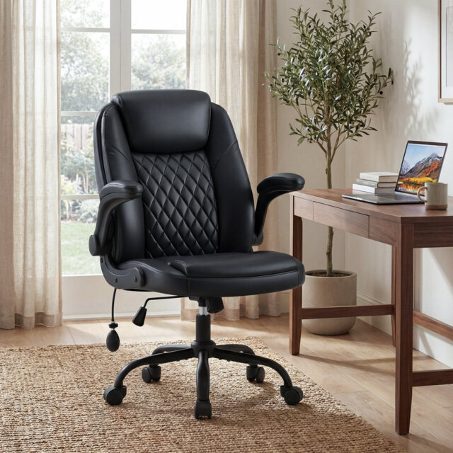 Ergonomic Mid-Back Office Chair W/ Inflatable Lumbar Support, Flip-Up Armrests, PU Leather