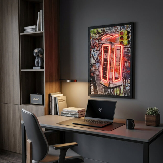 London Telephone Box Neon Led Wall Art - 60x40cm Urban Graffiti Canvas Usb