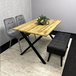 Dining Table and 2 Chairs With Black Bench, 2 Grey Velvet Chairs Wood Dining Set Furniture