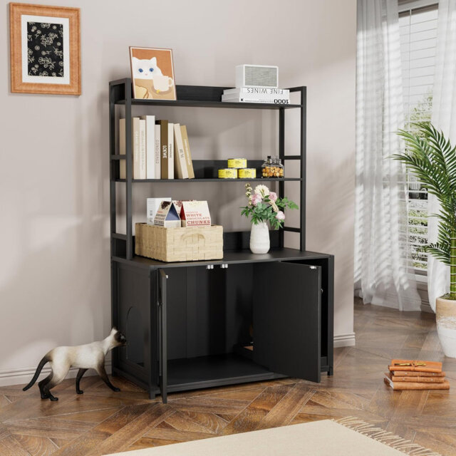 Cat Litter Box Enclosure with 3 Tier Storage Shelves and Doors