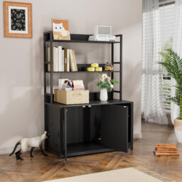 Cat Litter Box Enclosure with 3 Tier Storage Shelves and Doors