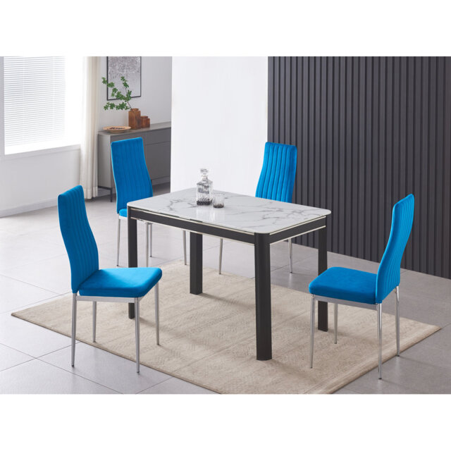 Hannahs White Marble Effect Dining Table With 4 Monza Velvet Chairs