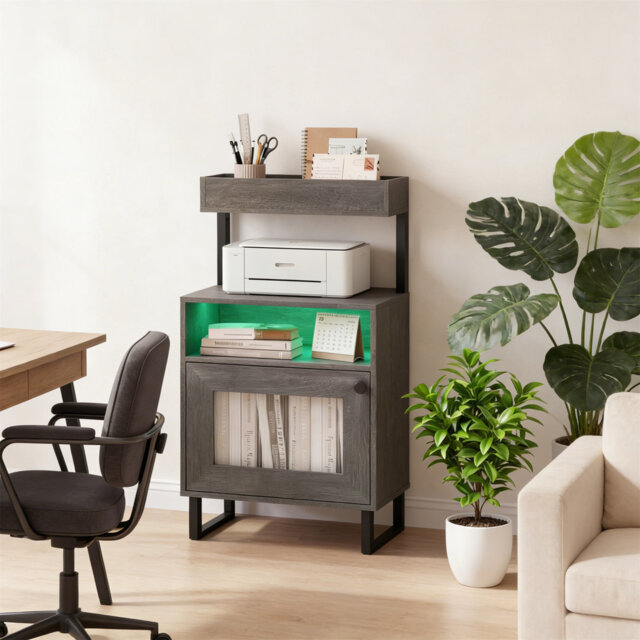 Bedside Table With LED Lights, Smart Nightstand & Sofa Side Table With Top Tray, Open Compartment & Storage Cabinet For Living Room & Bedroom