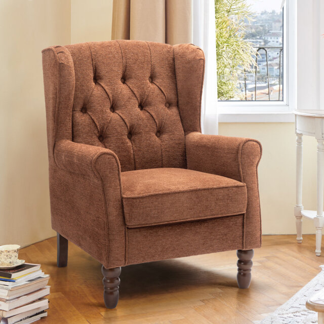 Button-Tufted Wingback Accent Chair - Solid Wood Legs with Rolled Arm &Thick Padded Cushion