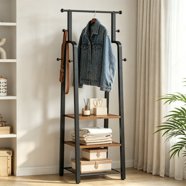 Industrial Coat Rack, Freestanding Coat Stand With Hanging Rail, 3-Tier Storage Shelves & 8 Hooks, Organiser For Hallway Entryway Bedroom