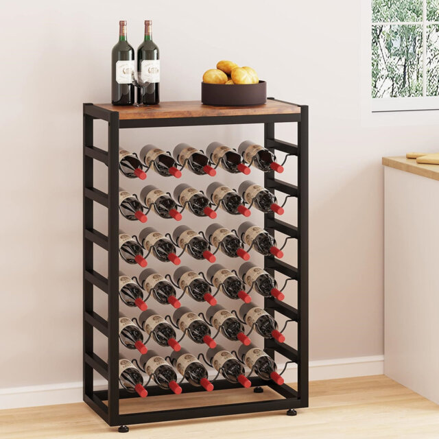 30 Bottles Wine Rack Free Standing Floor With Wooden Table Top,Sturdy,Black And Brown